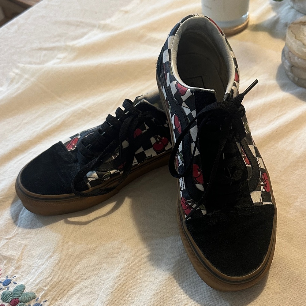 Vans Black and White Checkered Sneakers with Cherrie’s 🍒 Accents